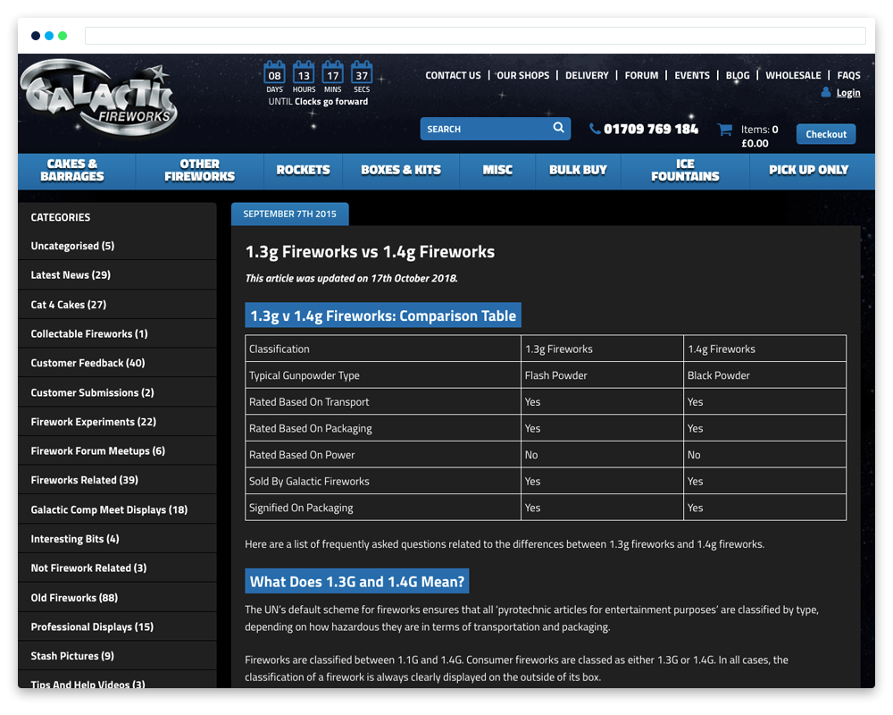 the galactic wesite showing the  1.3g and 1.4g fireworks content