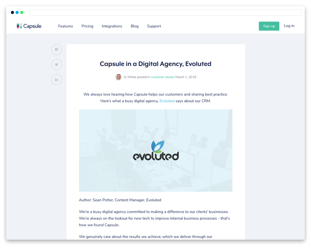 screenshot of evoluted's contribution to the CapsuleCRM  blog