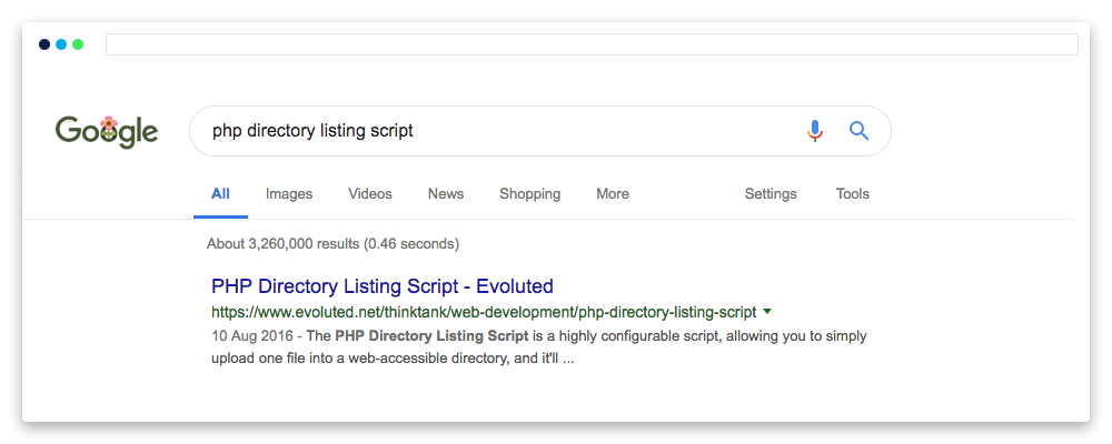 google search for ' PHP Directory Listing Script' showing Evoluted as the number 1 result